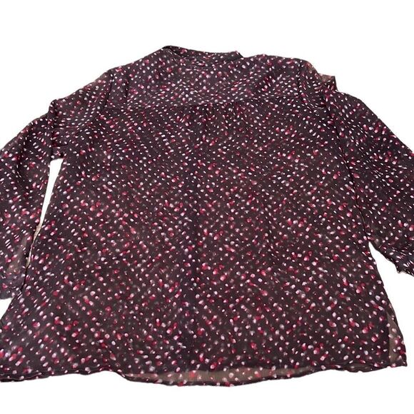 J Jill LS sheer blouse brown w/ red white print GUC last picture shows colors - Picture 3 of 16